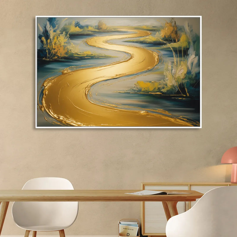 Sinuous River Gold Abstract Living Room - White Canvas Wall Art