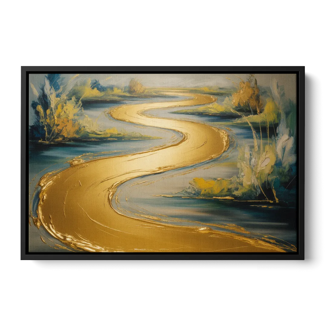 Sinuous River Gold Abstract Front - Black Canvas Wall Art