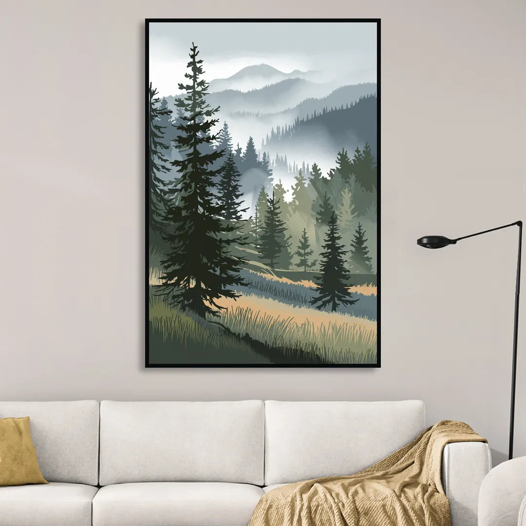 Sitka Evergreen Landscape Living Room - Black Canvas Wall Art
