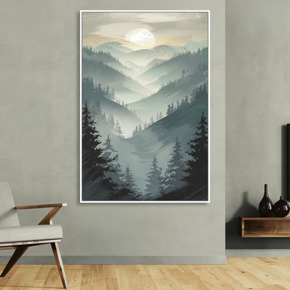 Sitka Misty Mountains Living Room - White Canvas Wall Art