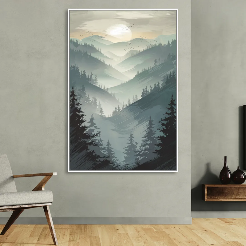 Sitka Misty Mountains Living Room - White Canvas Wall Art