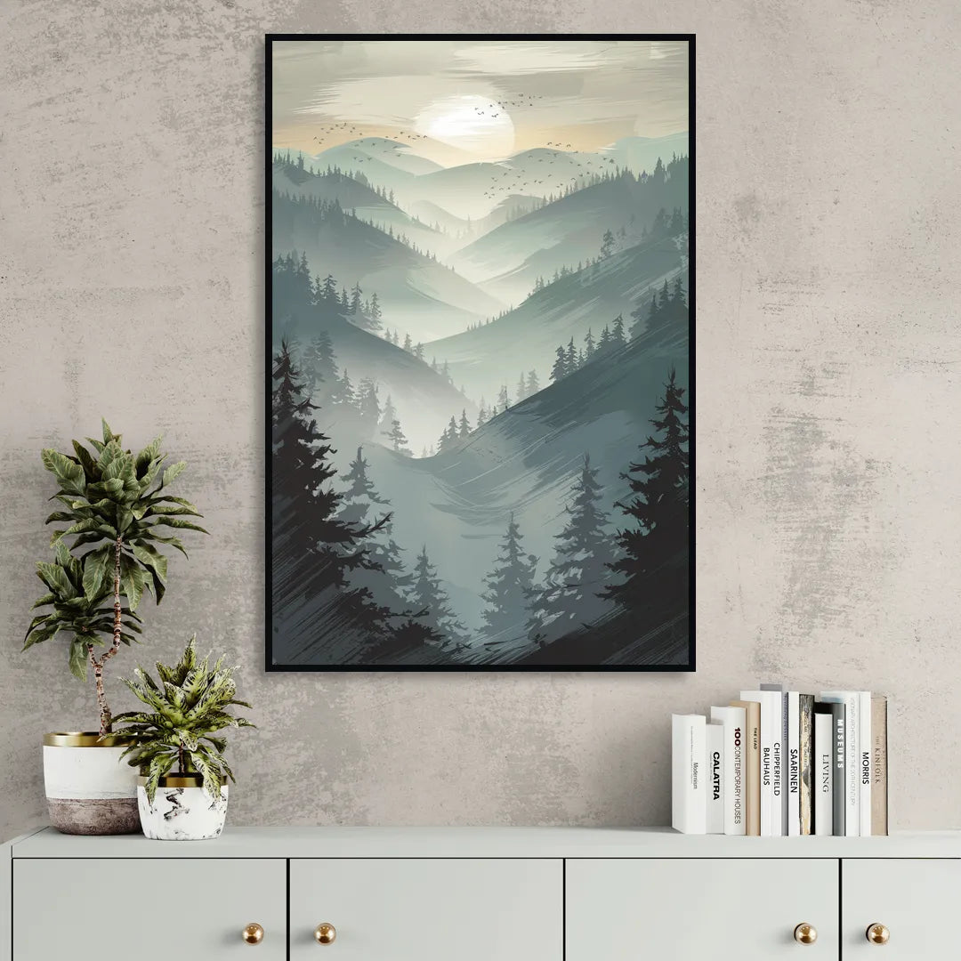 Sitka Misty Mountains Sitting Room - Black Canvas Wall Art