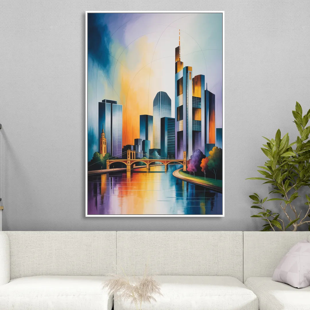 Skyline of Frankfurt Living Room - White Canvas Wall Art