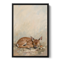Sleeping Fawn by a Little Mushroom for the Nursery - Black Framed Canvas Wall Art - Front