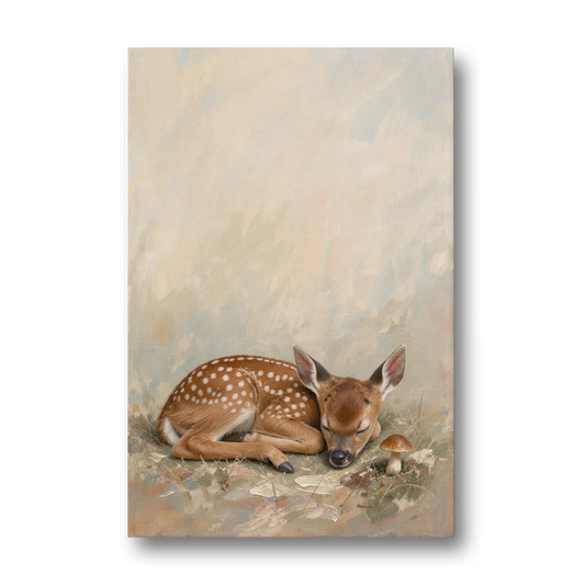 Sleeping Fawn by a Little Mushroom for the Nursery - Canvas Wall Art - Front