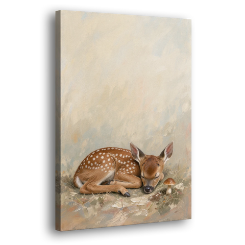 Sleeping Fawn by a Little Mushroom for the Nursery - Canvas Wall Art - Side