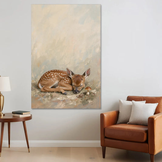 Sleeping Fawn by a Little Mushroom for the Nursery - Canvas Wall Art - Sofa - 40x60
