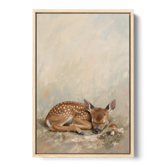 Sleeping Fawn by a Little Mushroom for the Nursery - Oak Framed Canvas Wall Art - Front
