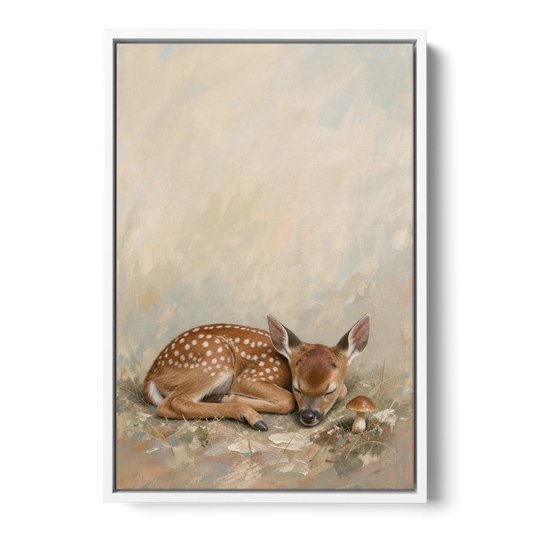 Sleeping Fawn by a Little Mushroom for the Nursery - White Framed Canvas Wall Art - Front