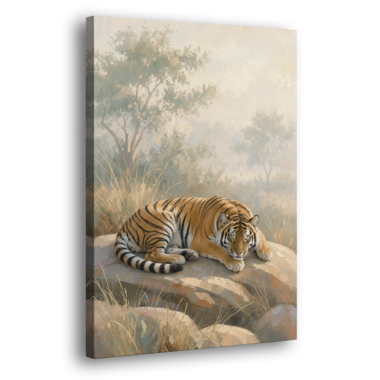 Sleeping Tiger Painting in Morning Haze - Canvas Wall Art - Side