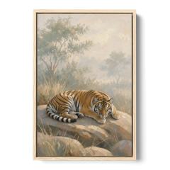 Sleeping Tiger Painting in Morning Haze - Oak Framed Canvas Wall Art - Front