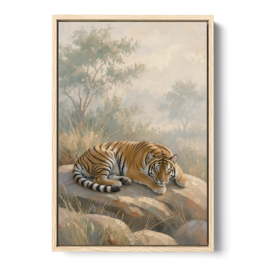 Sleeping Tiger Painting in Morning Haze - Oak Framed Canvas Wall Art - Front