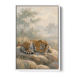 Sleeping Tiger Painting in Morning Haze - White Framed Canvas Wall Art - Front