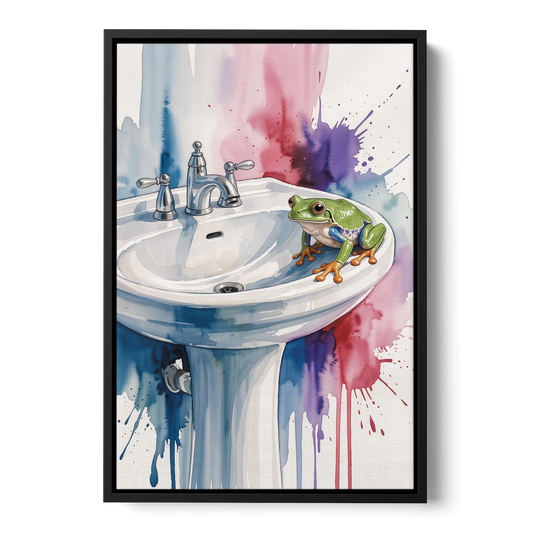 Small Bathroom Wall Art with a Tree Frog - Black Framed Canvas Wall Art - Front