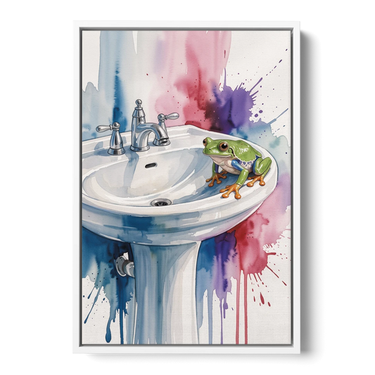 Small Bathroom Wall Art with a Tree Frog - White Framed Canvas Wall Art - Front