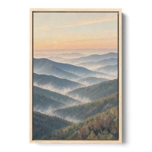 Smoky Mountains at Misty Dawn for the Living Room - Oak Framed Canvas Wall Art - Front
