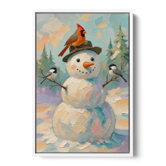 Snowman Artwork with Cardinal and Chickadees - White Framed Canvas Wall Art - Front
