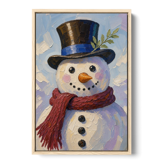 Snowman Canvas with Umber Top Hat - Oak Framed Canvas Wall Art - Front