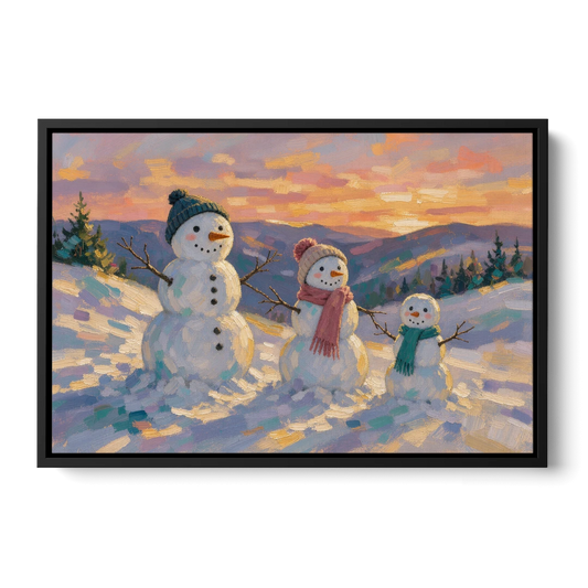 Snowman Family Painting on a Sunset Hill - Black Framed Canvas Wall Art - Front