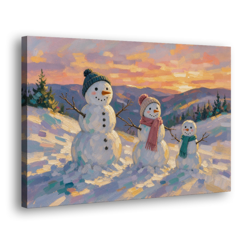 Snowman Family Painting on a Sunset Hill - Canvas Wall Art - Side