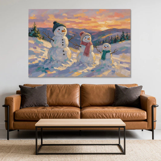 Snowman Family Painting on a Sunset Hill - Canvas Wall Art - Sofa - 60x40