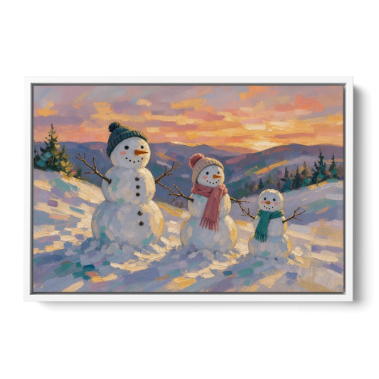 Snowman Family Painting on a Sunset Hill - White Framed Canvas Wall Art - Front