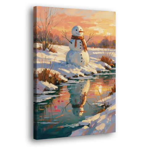 Impressionist Snowman by a Sunrise Creek - Canvas Wall Art - Side