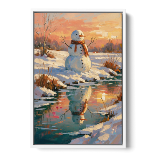 Impressionist Snowman by a Sunrise Creek - White Framed Canvas Wall Art - Front