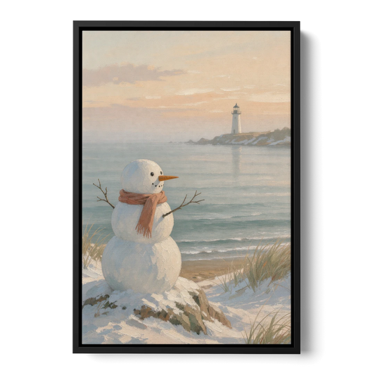 Snowman Watching the Coastal Lighthouse - Black Framed Canvas Wall Art - Front