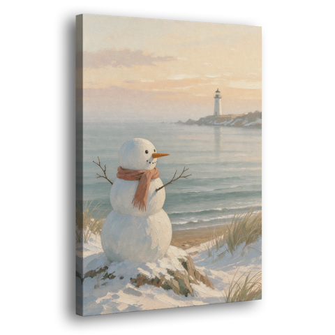 Snowman Watching the Coastal Lighthouse - Canvas Wall Art - Side