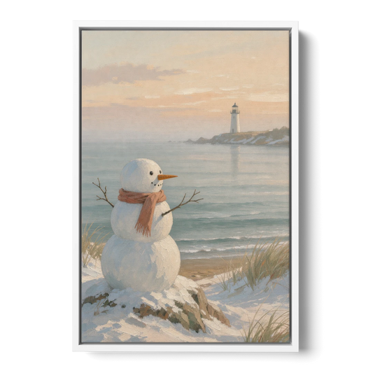 Snowman Watching the Coastal Lighthouse - White Framed Canvas Wall Art - Front
