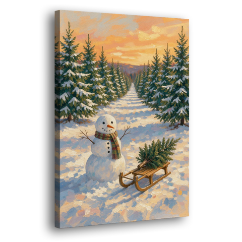 Snowman and Sled at the Christmas Tree Farm - Canvas Wall Art - Side