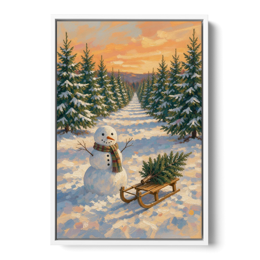 Snowman and Sled at the Christmas Tree Farm - White Framed Canvas Wall Art - Front
