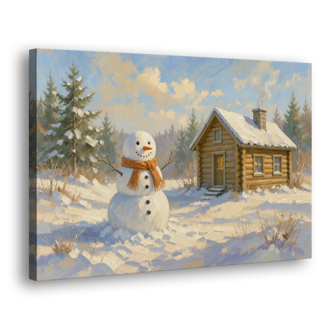 Snowman at the Log Cabin with Chimney Smoke - Canvas Wall Art - Side