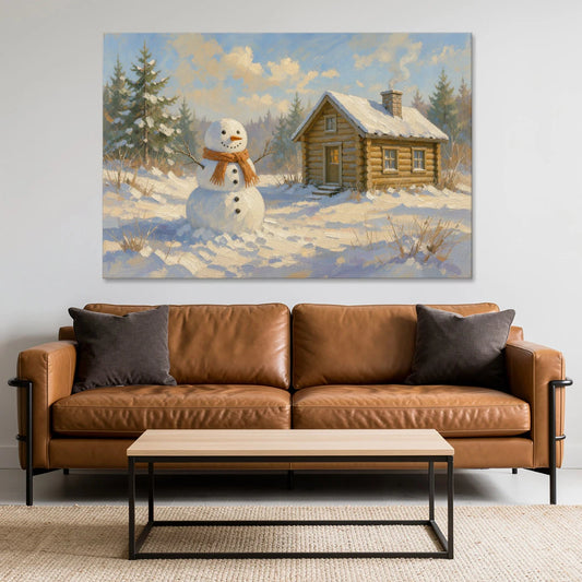Snowman at the Log Cabin with Chimney Smoke - Canvas Wall Art - Sofa - 60x40