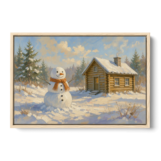 Snowman at the Log Cabin with Chimney Smoke - Oak Framed Canvas Wall Art - Front