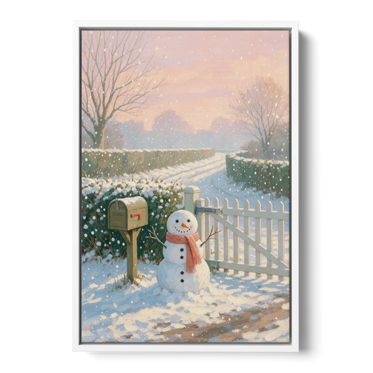 Winter Snowman at the Picket Gate - White Framed Canvas Wall Art - Front