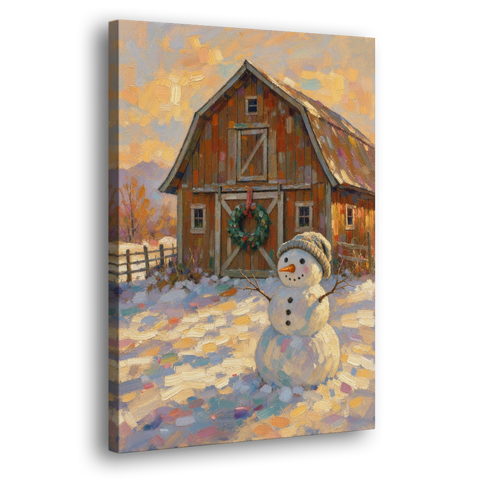 Snowman by the Red Barn with Wreath - Canvas Wall Art - Side