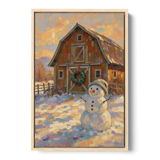 Snowman by the Red Barn with Wreath - Oak Framed Canvas Wall Art - Front