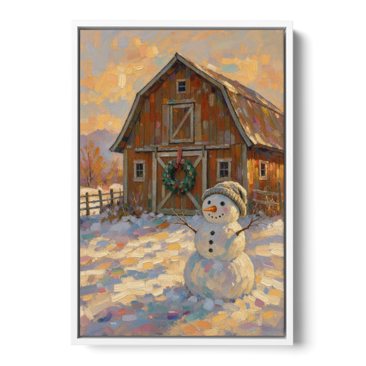 Snowman by the Red Barn with Wreath - White Framed Canvas Wall Art - Front