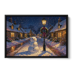 Snowman by the Wreathed Village Lamppost - Black Framed Canvas Wall Art - Front