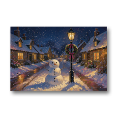 Snowman by the Wreathed Village Lamppost - Canvas Wall Art - Front