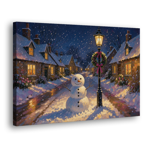 Snowman by the Wreathed Village Lamppost - Canvas Wall Art - Side