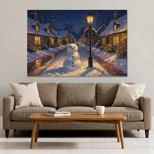 Snowman by the Wreathed Village Lamppost - Canvas Wall Art - Sofa - 60x40