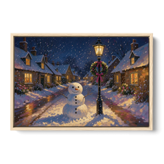 Snowman by the Wreathed Village Lamppost - Oak Framed Canvas Wall Art - Front