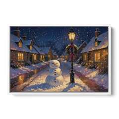 Snowman by the Wreathed Village Lamppost - White Framed Canvas Wall Art - Front