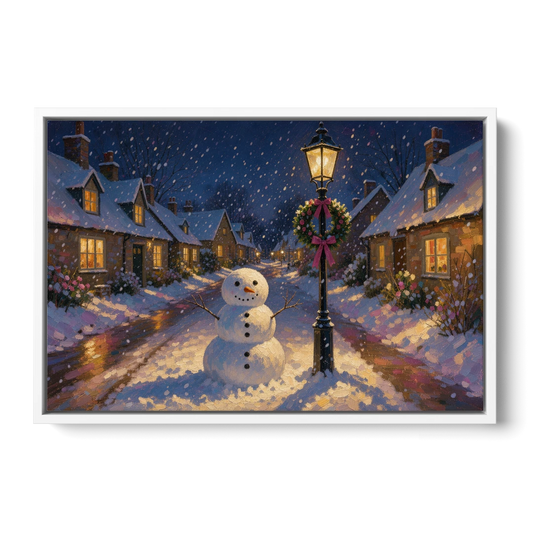 Snowman by the Wreathed Village Lamppost - White Framed Canvas Wall Art - Front