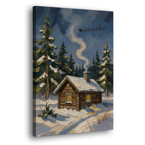 Snowy Cabin Painting Under the Passing Sleigh - Canvas Wall Art - Side
