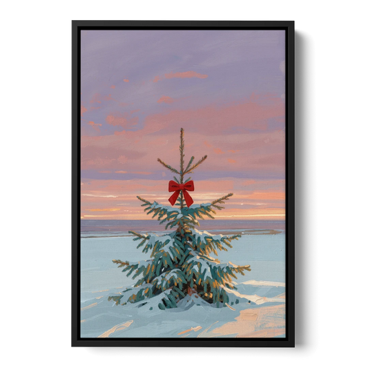 Snowy Fir with Red Bow at Twilight - Black Framed Canvas Wall Art - Front