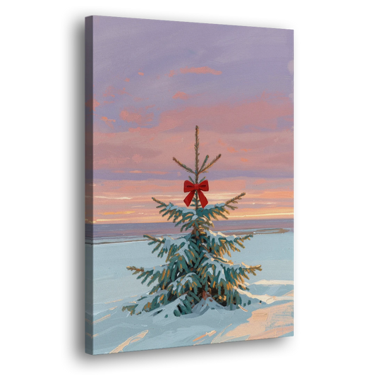 Snowy Fir with Red Bow at Twilight - Canvas Wall Art - Side